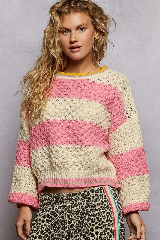 POL Contrast Striped Round Neck Sweater with Textured Cable Knit Pattern made by Unique Kulture
