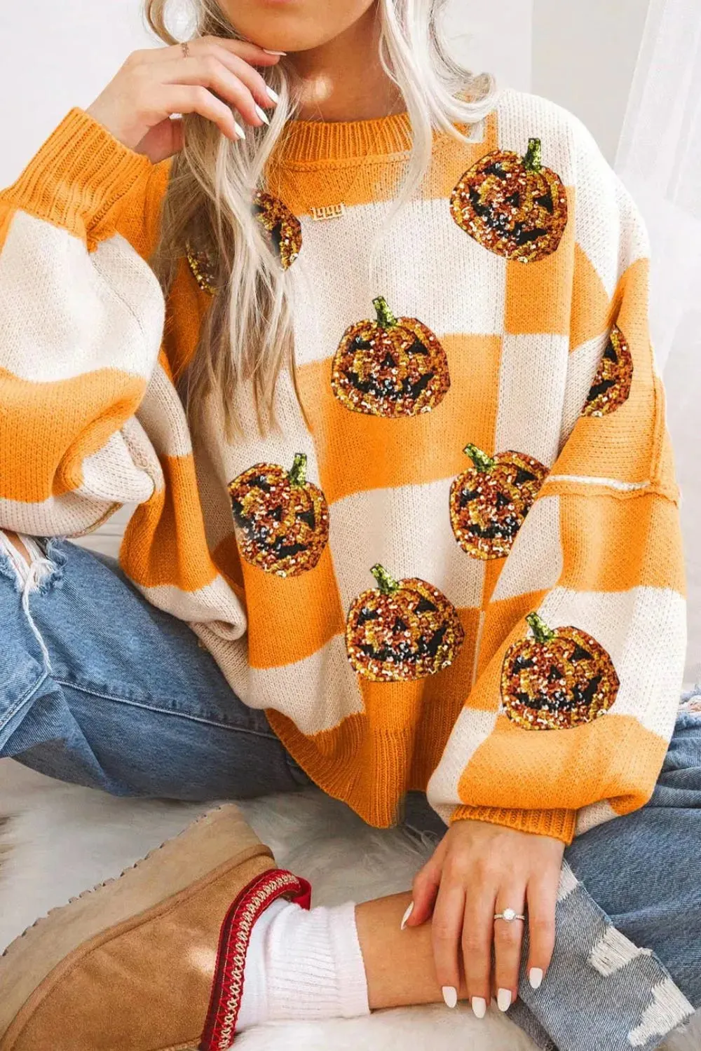 Pumpkin Checkered Round Neck Long Sleeve Sweater sold by Unique Kulture