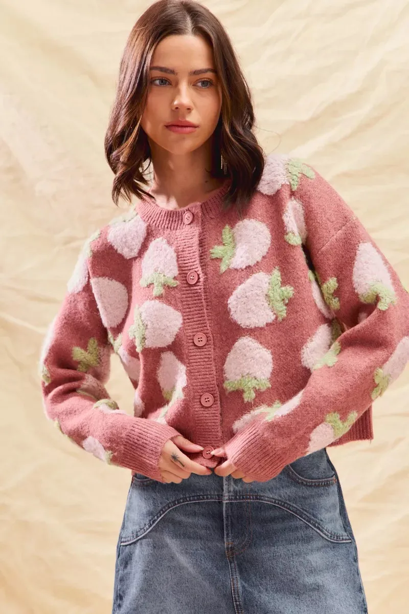SO ME Strawberry Fruit All Over Button Sweater Cardigan sold by Unique Kulture