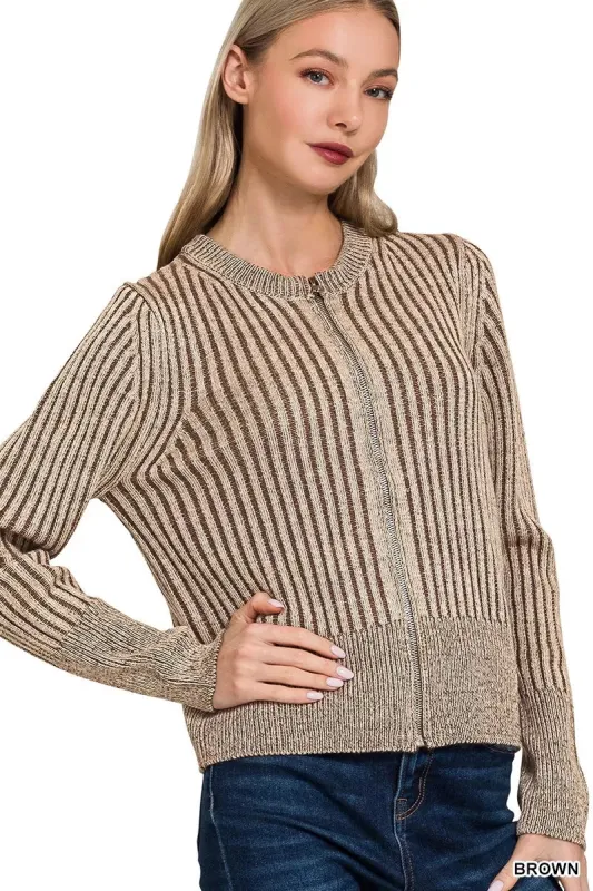 Zenana Ribbed Two Tone Zip Up Sweater Cardigan sold by Unique Kulture