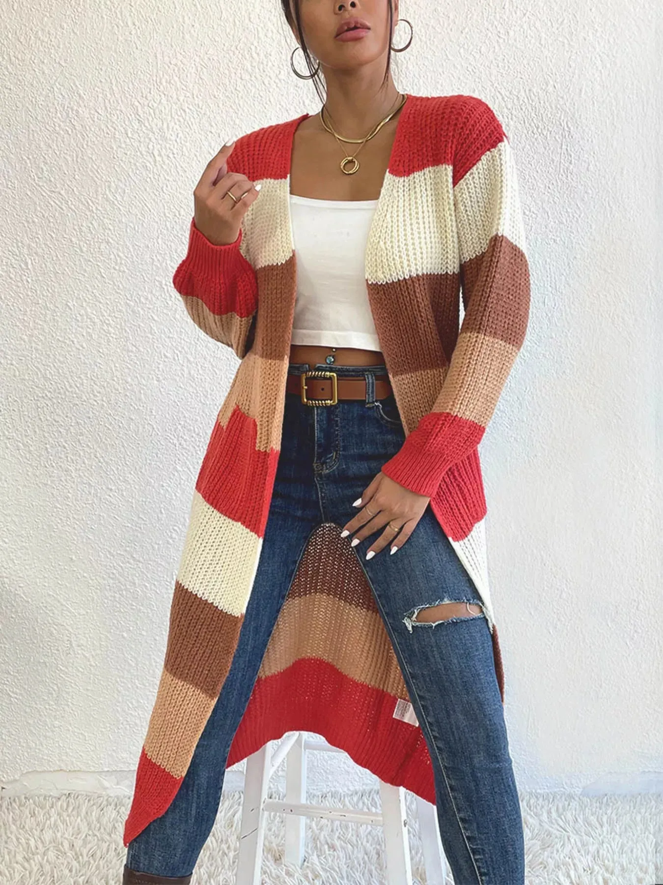 Striped Color Block Open Front Knit Cardigan sold by Unique Kulture product image thumbnail 4