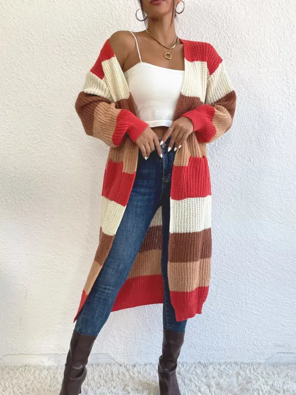 Striped Color Block Open Front Knit Cardigan made by Trendsi