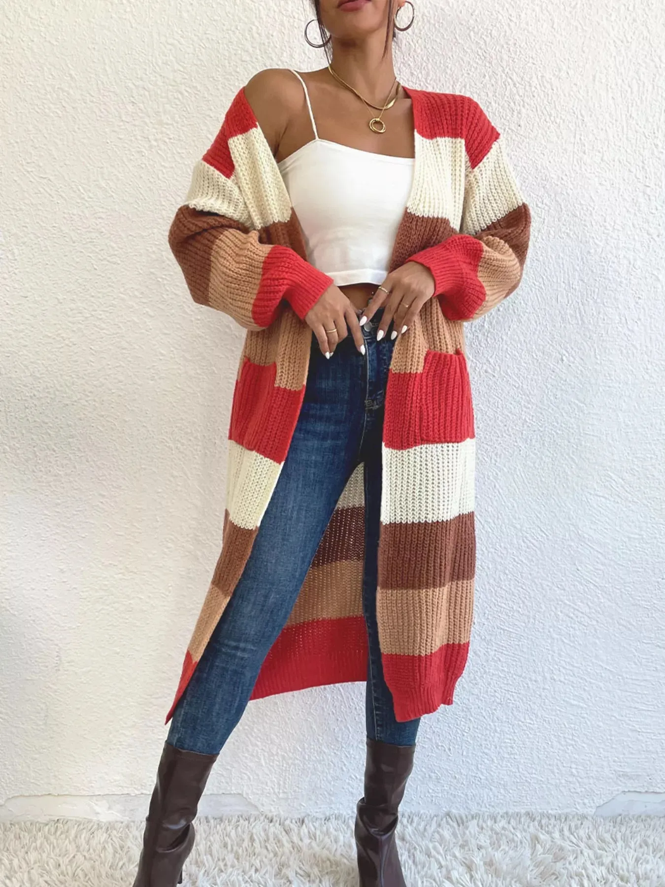 Striped Color Block Open Front Knit Cardigan sold by Unique Kulture