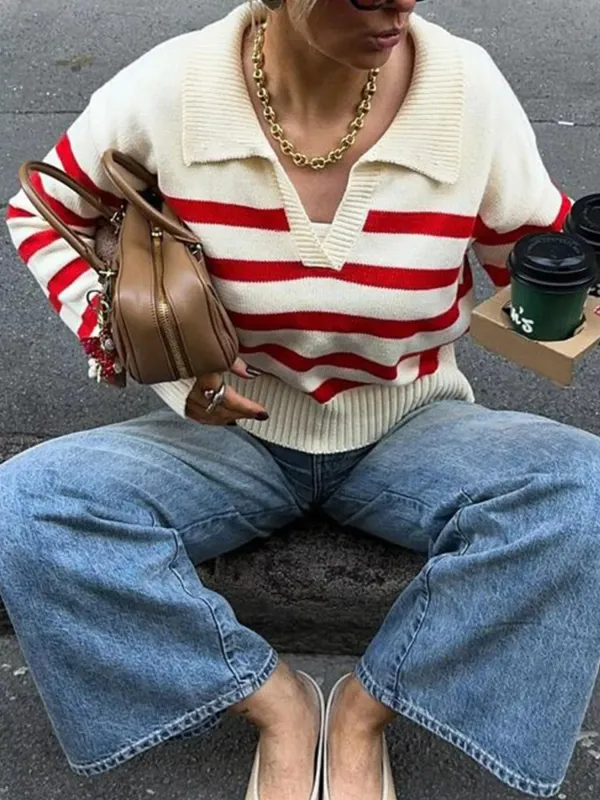 Striped Knit Polo Collar Sweater sold by Unique Kulture