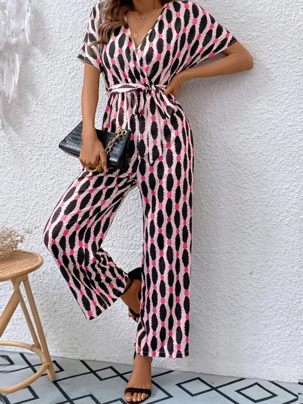 Printed Surplice Tie Waist Short Sleeve Jumpsuit sold by Unique Kulture
