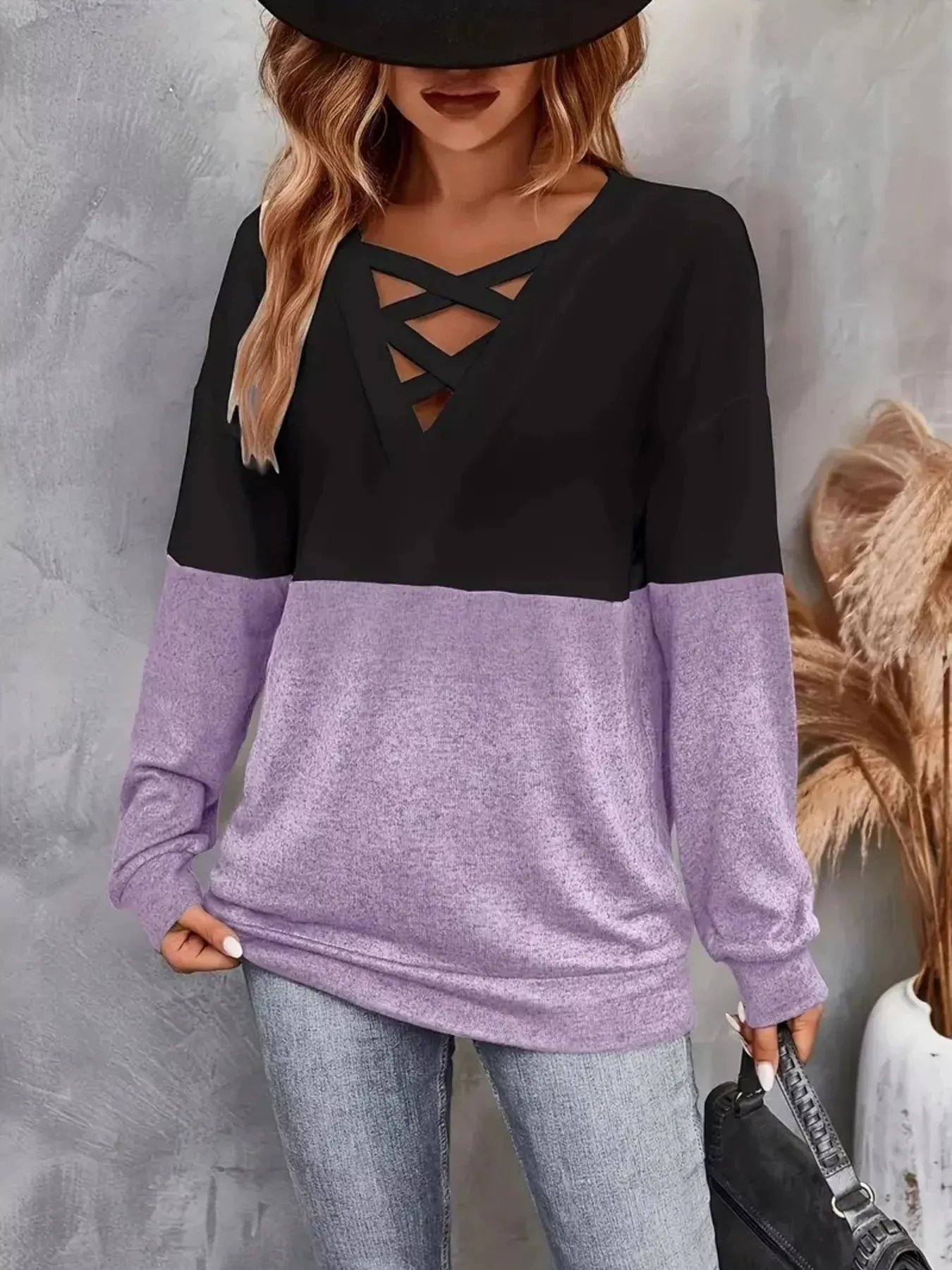 Crisscross V-Neck Color Block Long Sleeve T-Shirt sold by Unique Kulture product image thumbnail 4