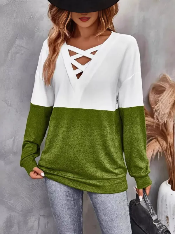 Crisscross V-Neck Color Block Long Sleeve T-Shirt sold by Unique Kulture