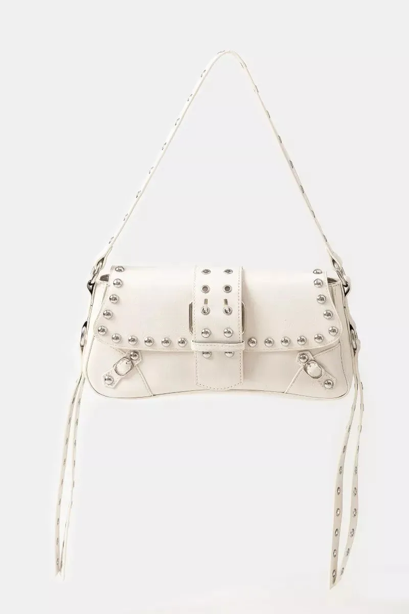 Fame Glossy Faux Leather Rivet Trim Shoulder Bag sold by Unique Kulture