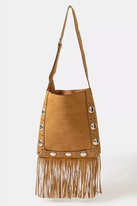 Fame Faux Suede Grommet Accent Fringe Tote Bag made by Trendsi