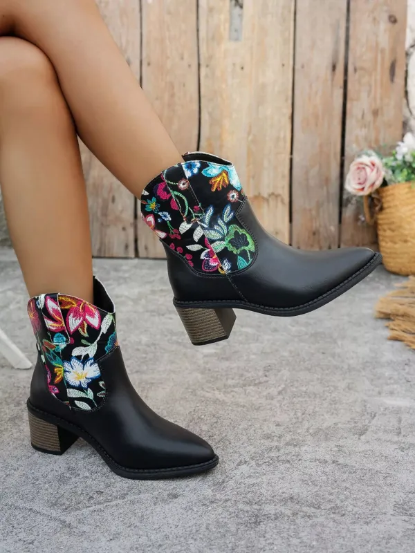 Floral Embroidered Western Ankle Boots sold by Unique Kulture
