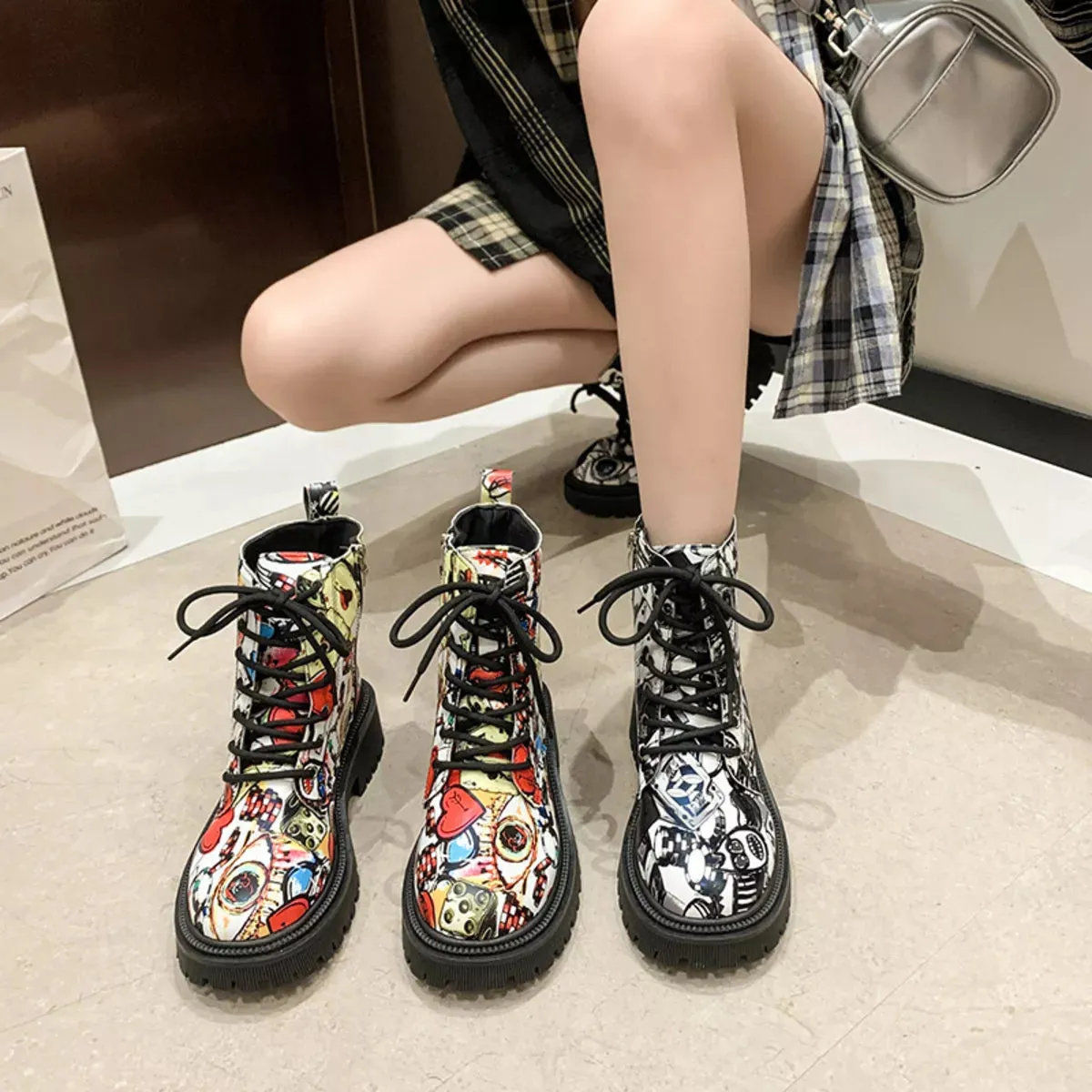 Graffiti Print Combat Boots with Colorful Street Art Design sold by Unique Kulture