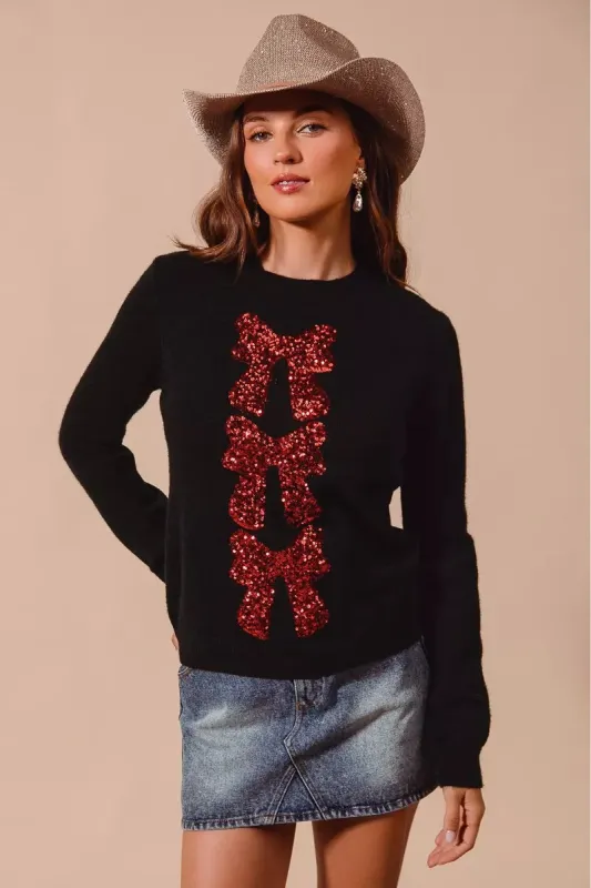 SO ME Sequins Bow Ribbon Embellished Christmas Sweater sold by Unique Kulture