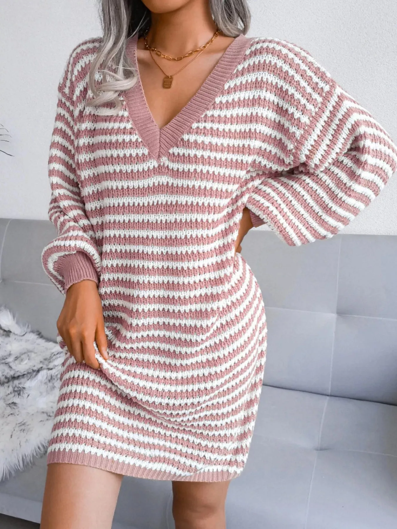 Striped V-Neck Long Sleeve Sweater Dress sold by Unique Kulture product image thumbnail 4