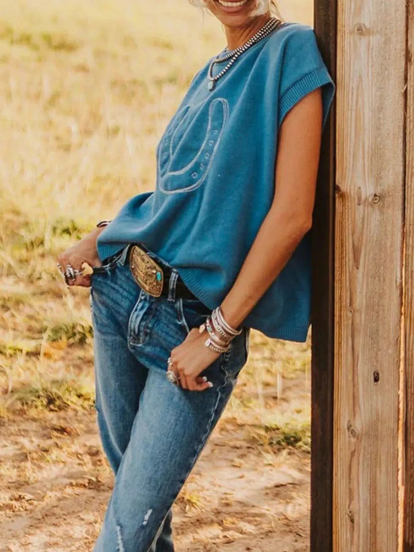 Horseshoe Graphic Round Neck Short Sleeve Sweater sold by Unique Kulture product image thumbnail 4