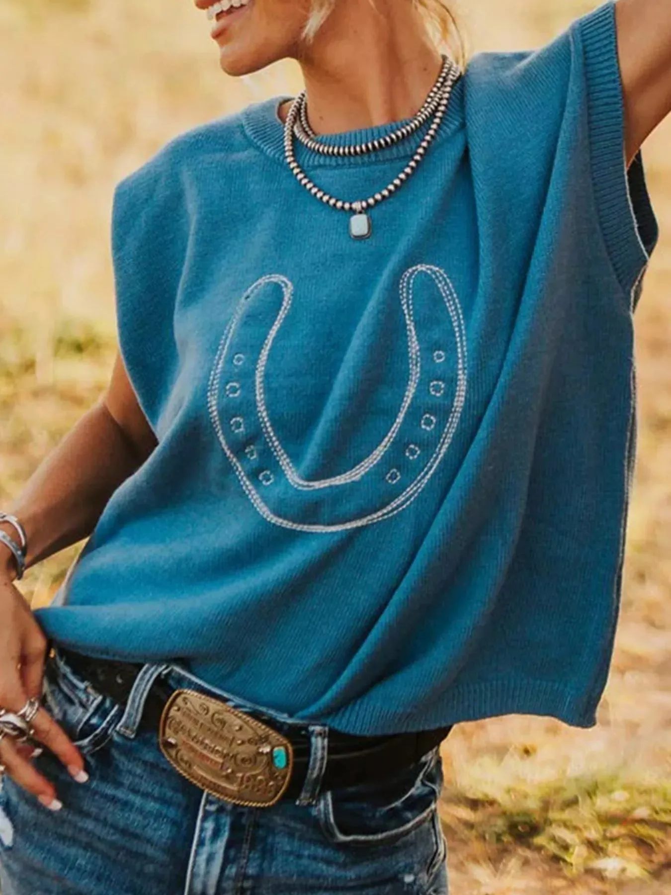 Horseshoe Graphic Round Neck Short Sleeve Sweater sold by Unique Kulture