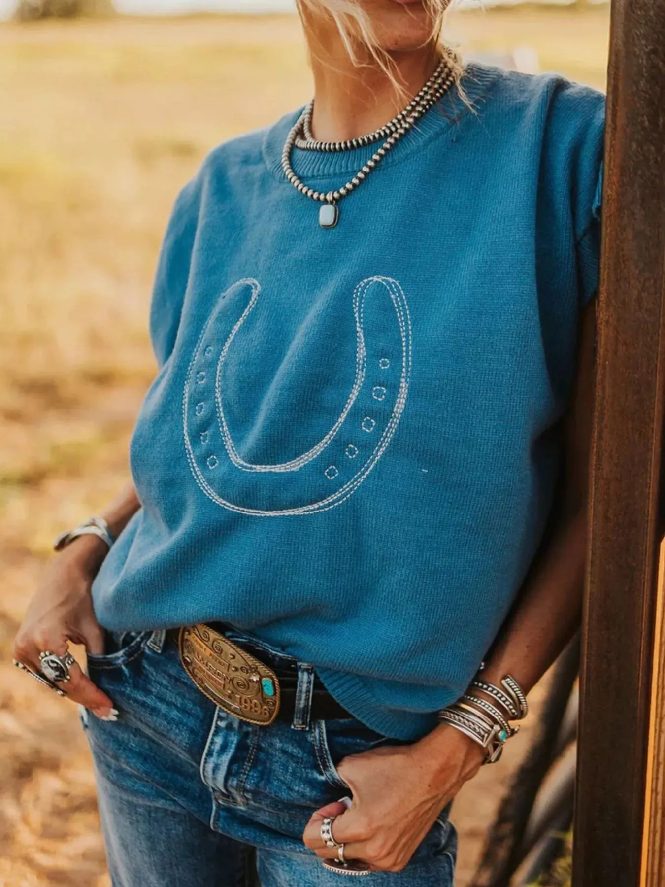 Horseshoe Graphic Round Neck Short Sleeve Sweater sold by Unique Kulture product image thumbnail 2