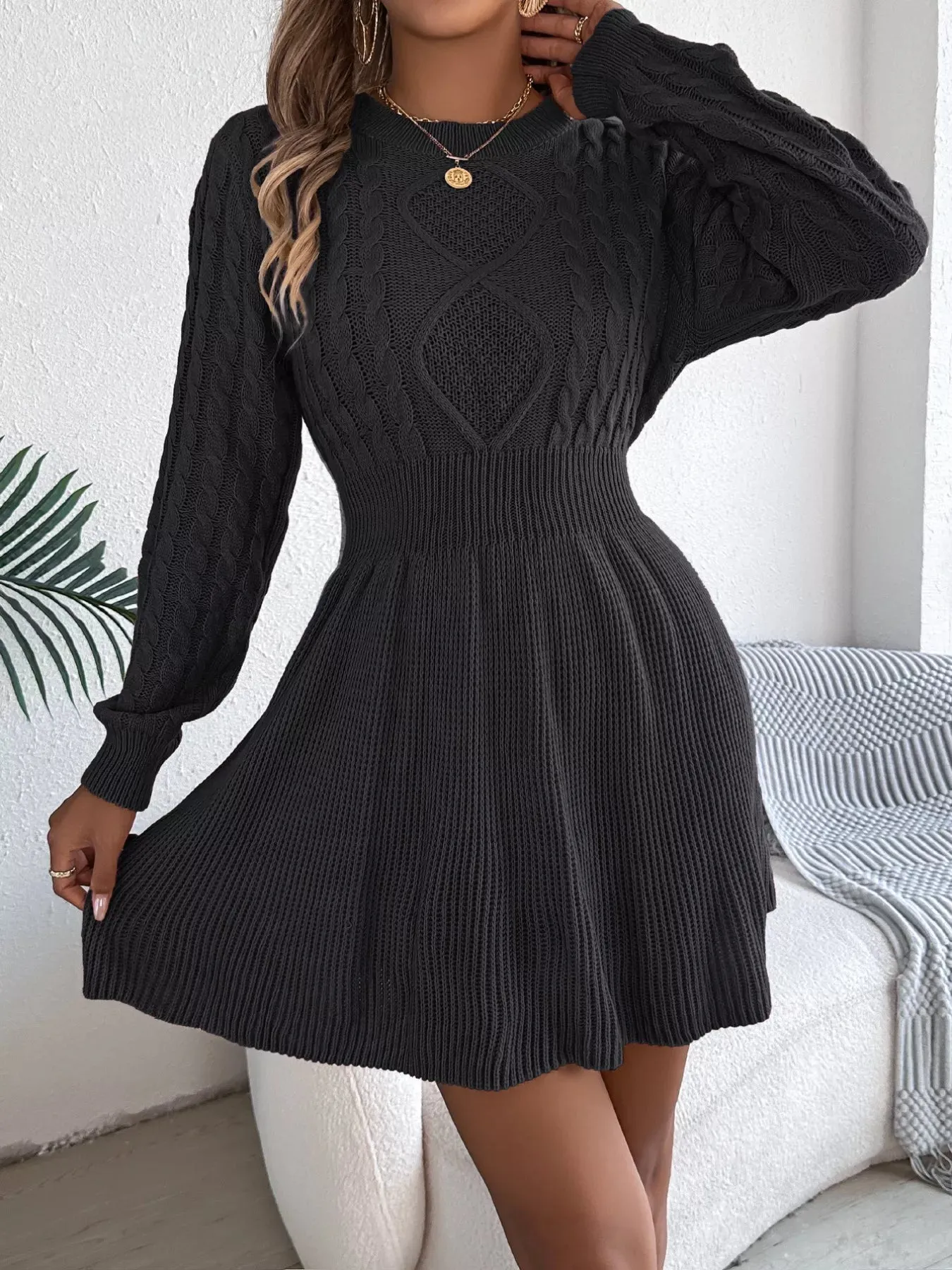 Cable Knit Long Sleeve Sweater Dress sold by Unique Kulture product image thumbnail 3