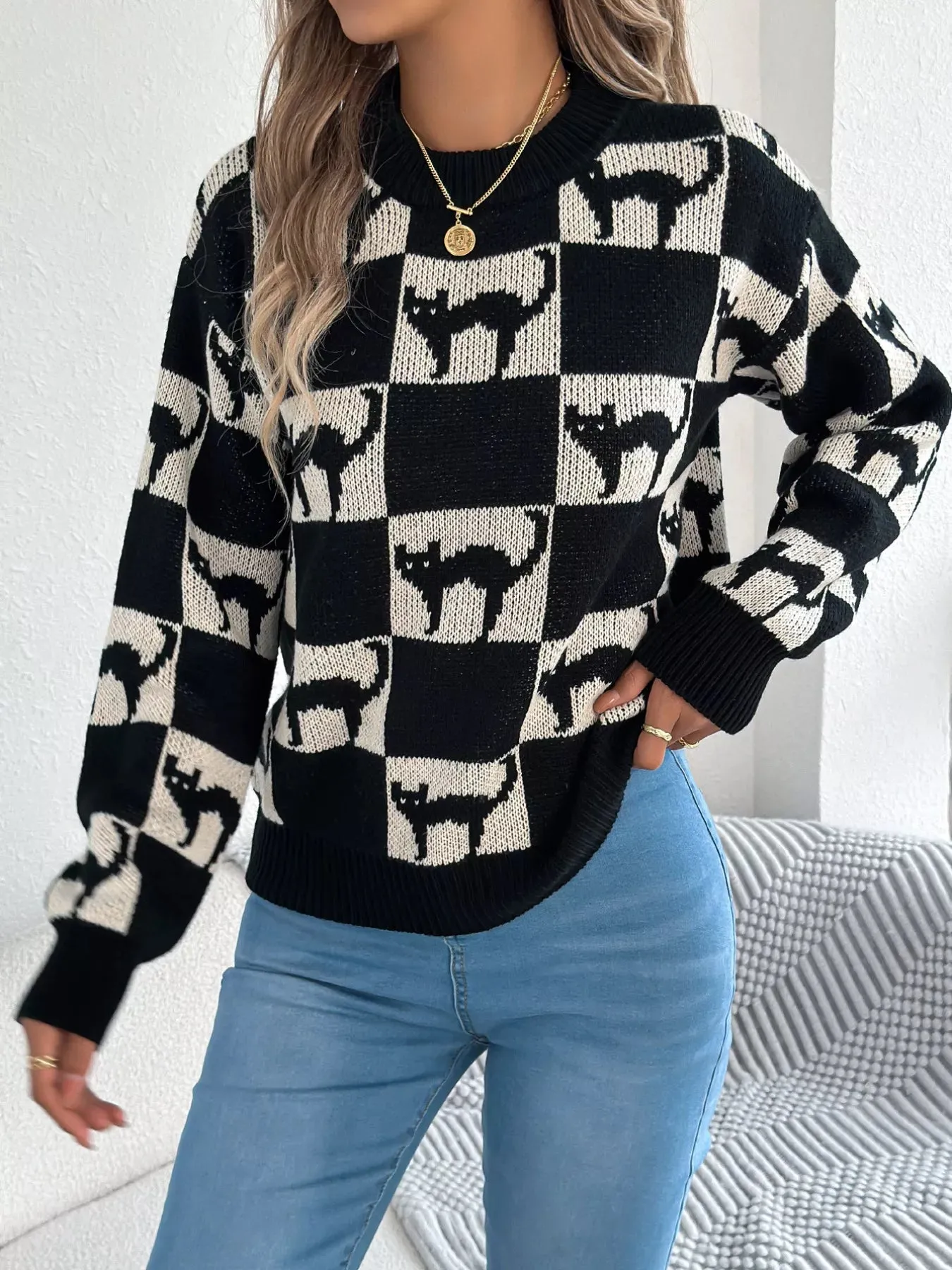 Cozy Cat Checkerboard Pattern Sweater sold by Unique Kulture product image thumbnail 5