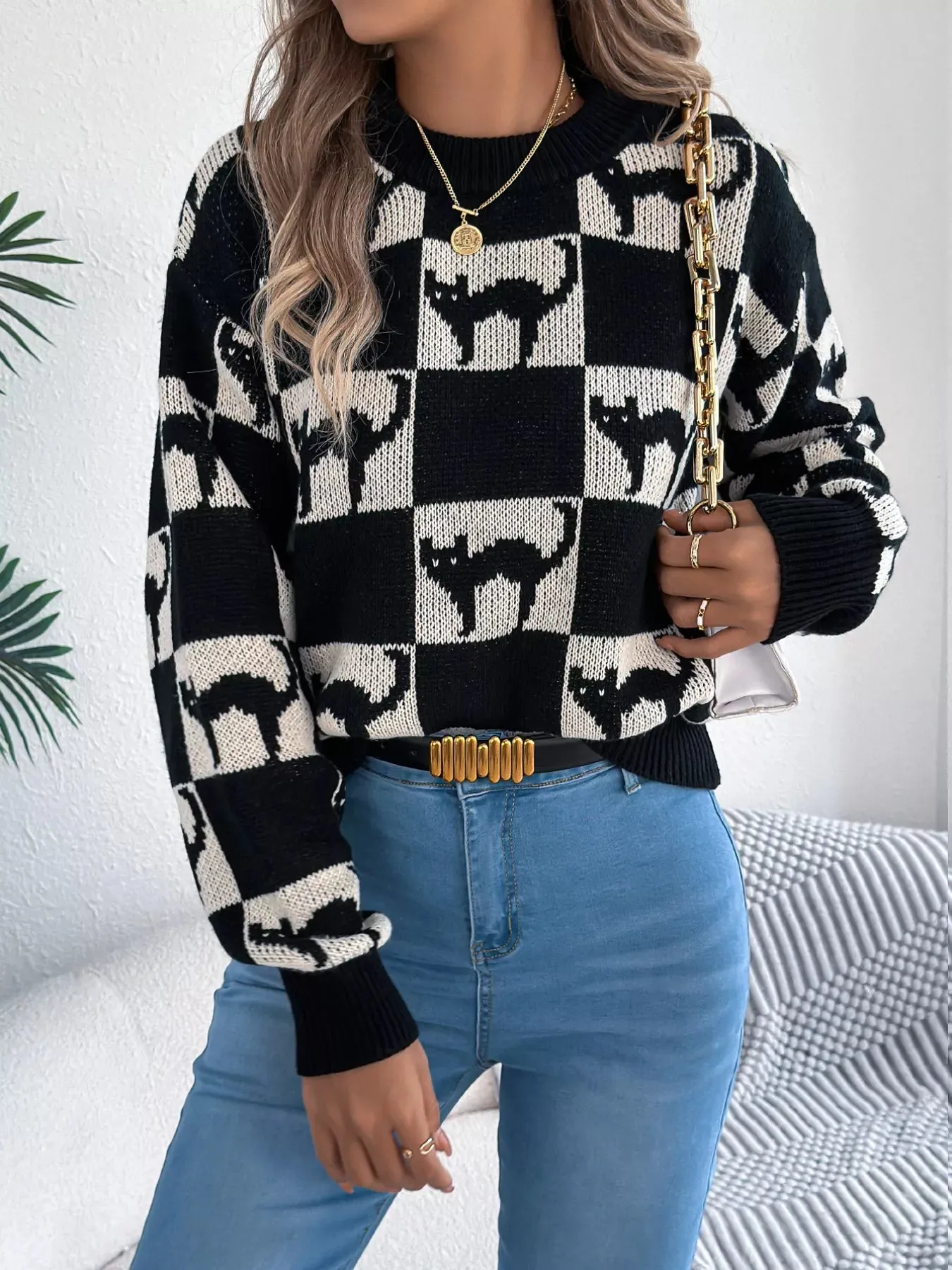 Cozy Cat Checkerboard Pattern Sweater sold by Unique Kulture product image thumbnail 2