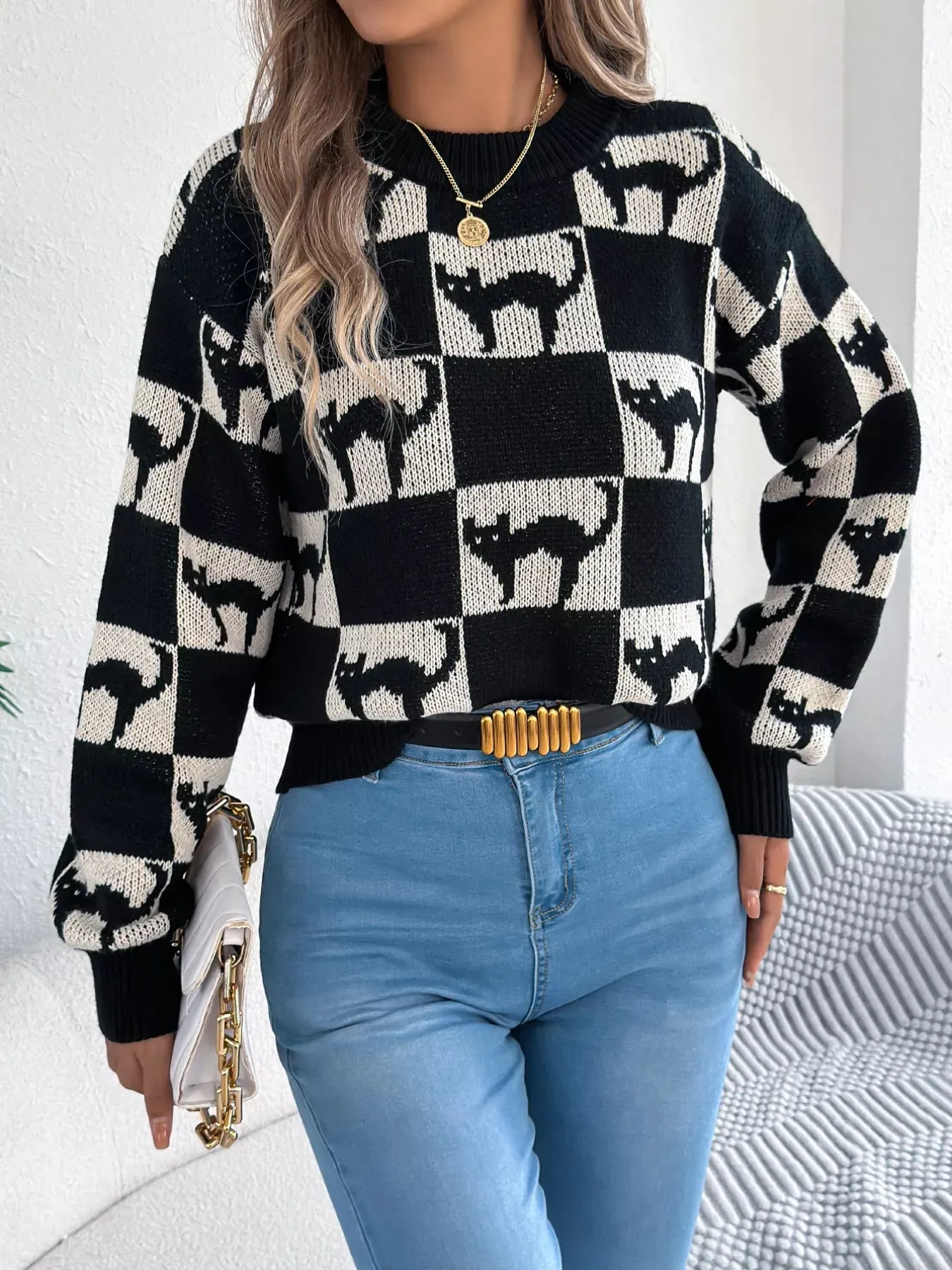 Cozy Cat Checkerboard Pattern Sweater sold by Unique Kulture product image thumbnail 3