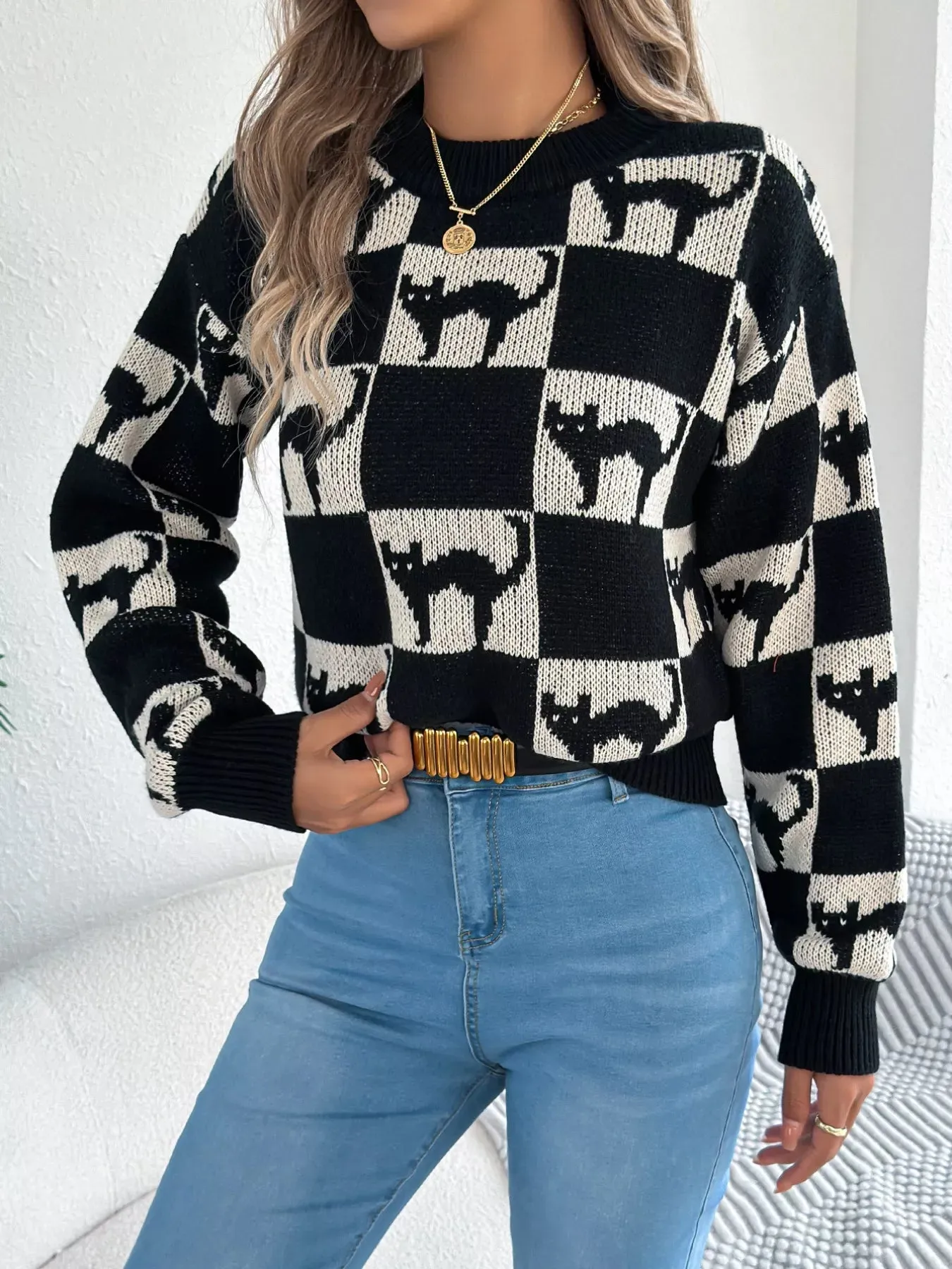 Cozy Cat Checkerboard Pattern Sweater sold by Unique Kulture product image thumbnail 4