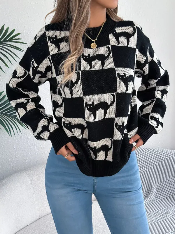Cozy Cat Checkerboard Pattern Sweater sold by Unique Kulture