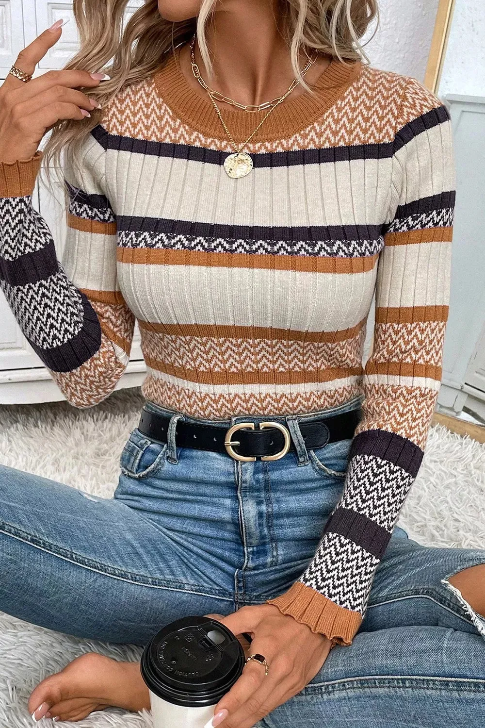 Stripe Stylish Pattern Knitted Ribbed Trim Slim Sweater sold by Unique Kulture product image thumbnail 5