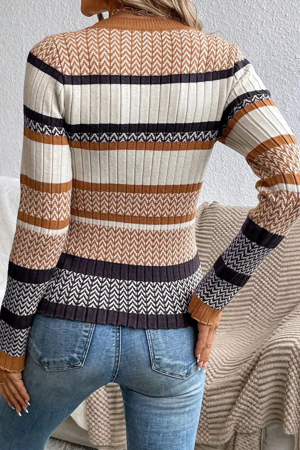 Stripe Stylish Pattern Knitted Ribbed Trim Slim Sweater sold by Unique Kulture product image thumbnail 2