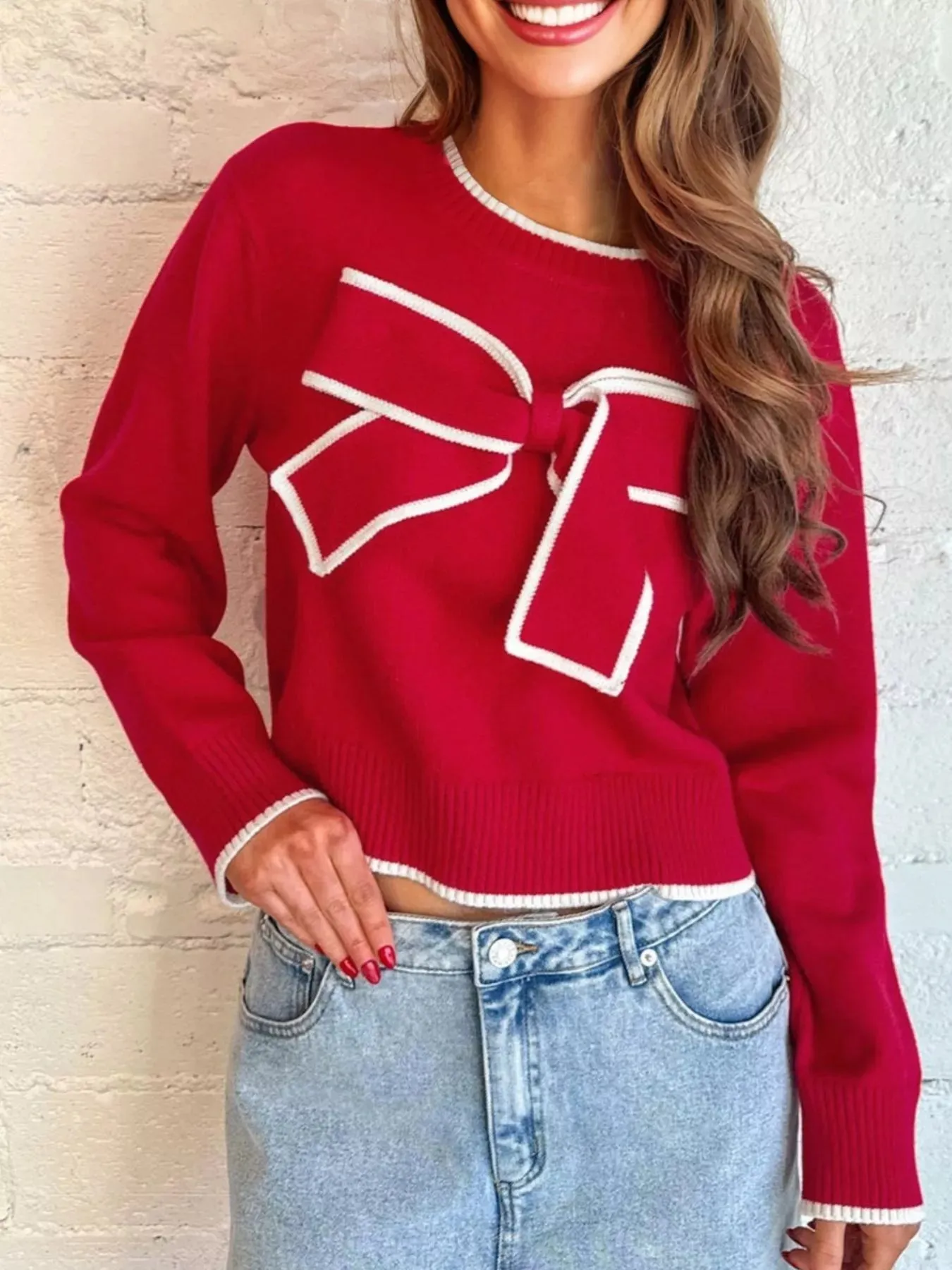 Contrast Trim Bow Accent Holiday Cropped Sweater sold by Unique Kulture product image thumbnail 3