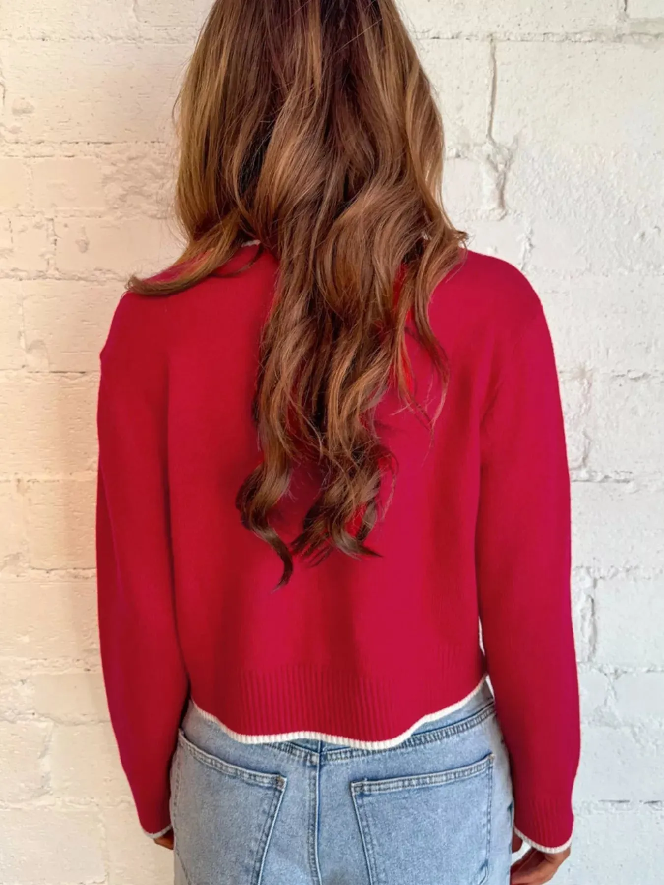 Contrast Trim Bow Accent Holiday Cropped Sweater sold by Unique Kulture product image thumbnail 2