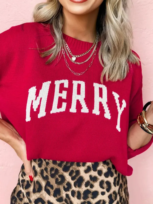 MERRY Letter Pattern Christmas Baggy Sweater made by Trendsi