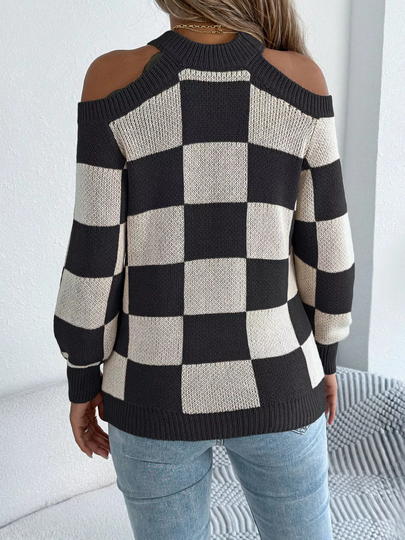 Cold Shoulder Checkered Long Sleeve Sweater sold by Unique Kulture product image thumbnail 3