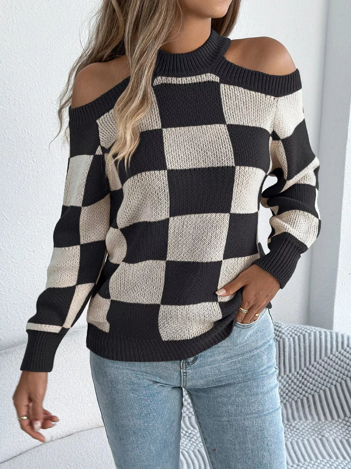Cold Shoulder Checkered Long Sleeve Sweater sold by Unique Kulture product image thumbnail 2
