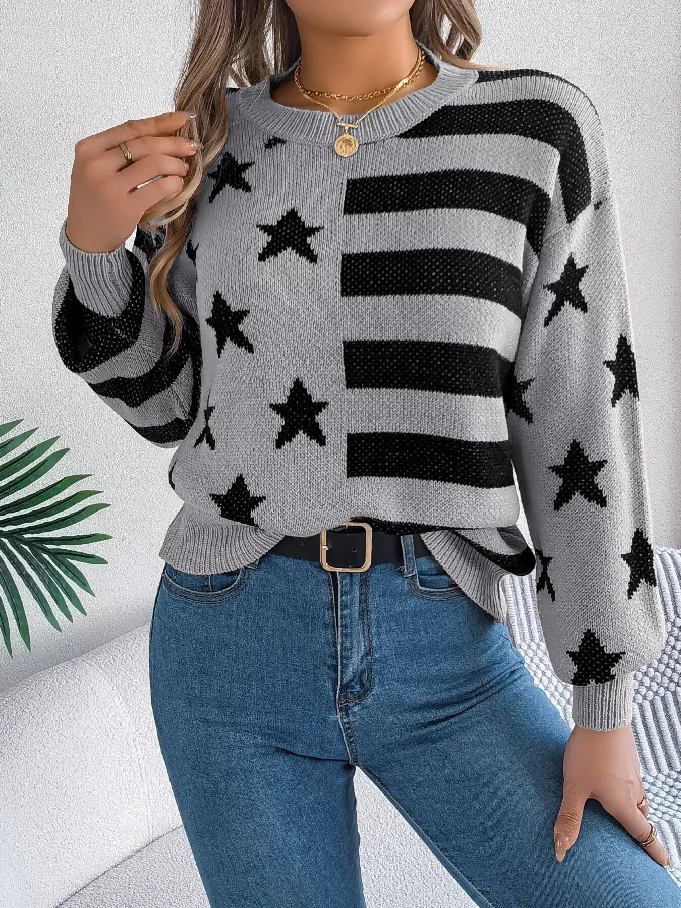 Stars and Stripes Pattern Casual Round Neck Sweater sold by Unique Kulture