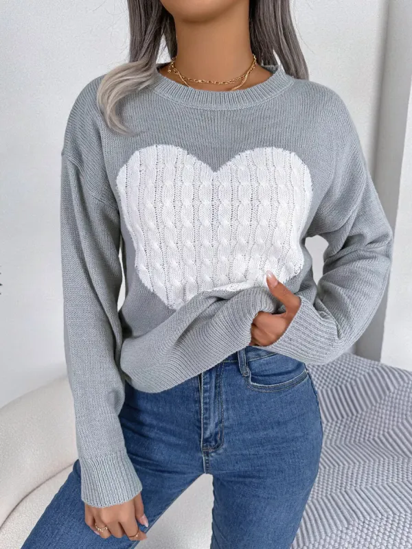 Cable Knit Heart Round Neck Sweater sold by Unique Kulture