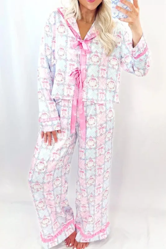 Wreath Pattern Christmas Tied Front Long Sleeve 2pcs Pajama Set made by Trendsi