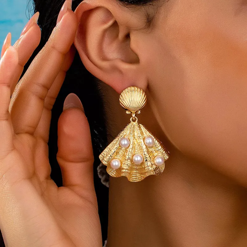 18K Gold-Plated Shell Pearl Drop Earrings sold by Unique Kulture