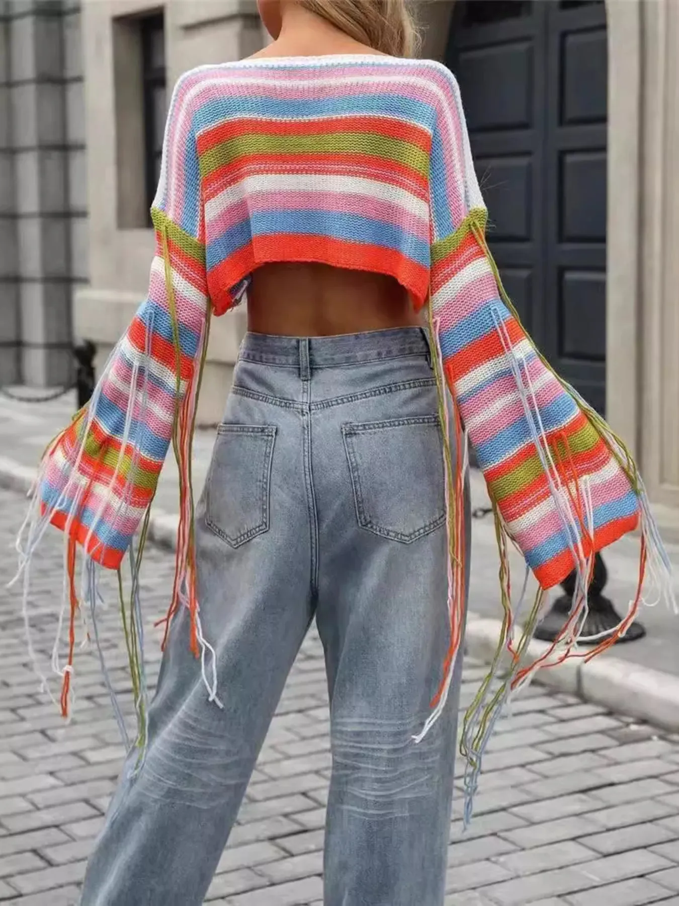 Fringe Striped Long Sleeve Crop Sweater sold by Unique Kulture product image thumbnail 3