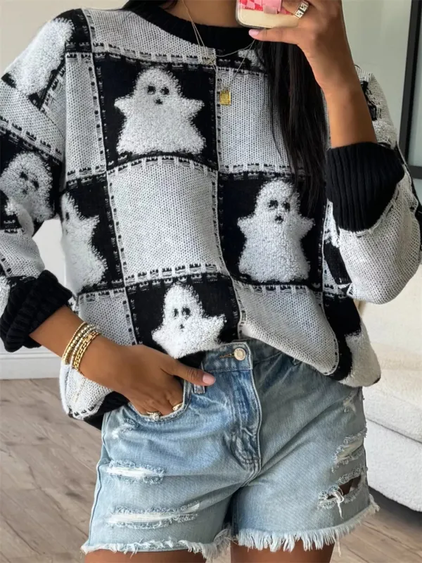 Halloween Ghost Checkered Drop Shoulder Sweater made by Trendsi