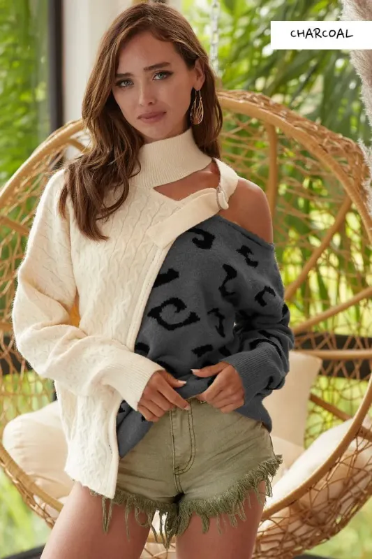 BiBi Cable-Knit Color Block One Shoulder Asymmetrical Sweater sold by Unique Kulture