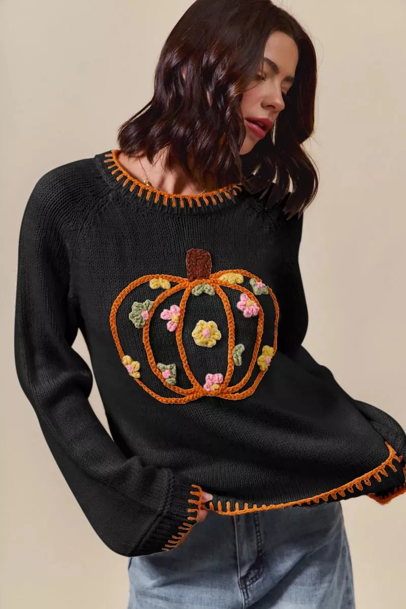 SO ME Pumpkin Floral Embroidered Thanksgiving Sweater sold by Unique Kulture