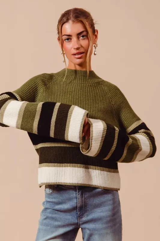 SO ME Multi Color Striped Mock Neck Sweater sold by Unique Kulture