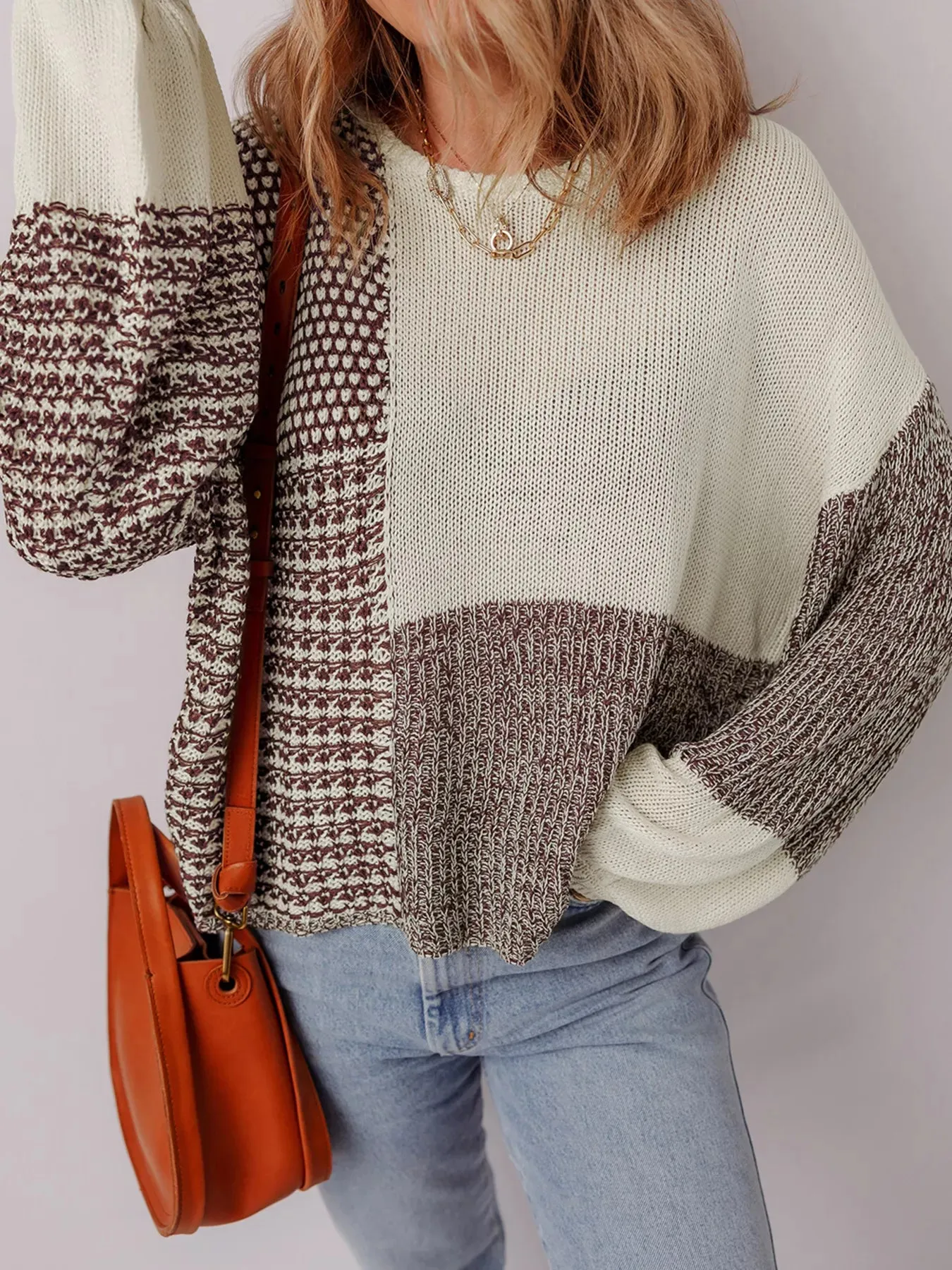 Color Block Back Tie Drop Shoulder Loose Sweater sold by Unique Kulture product image thumbnail 4