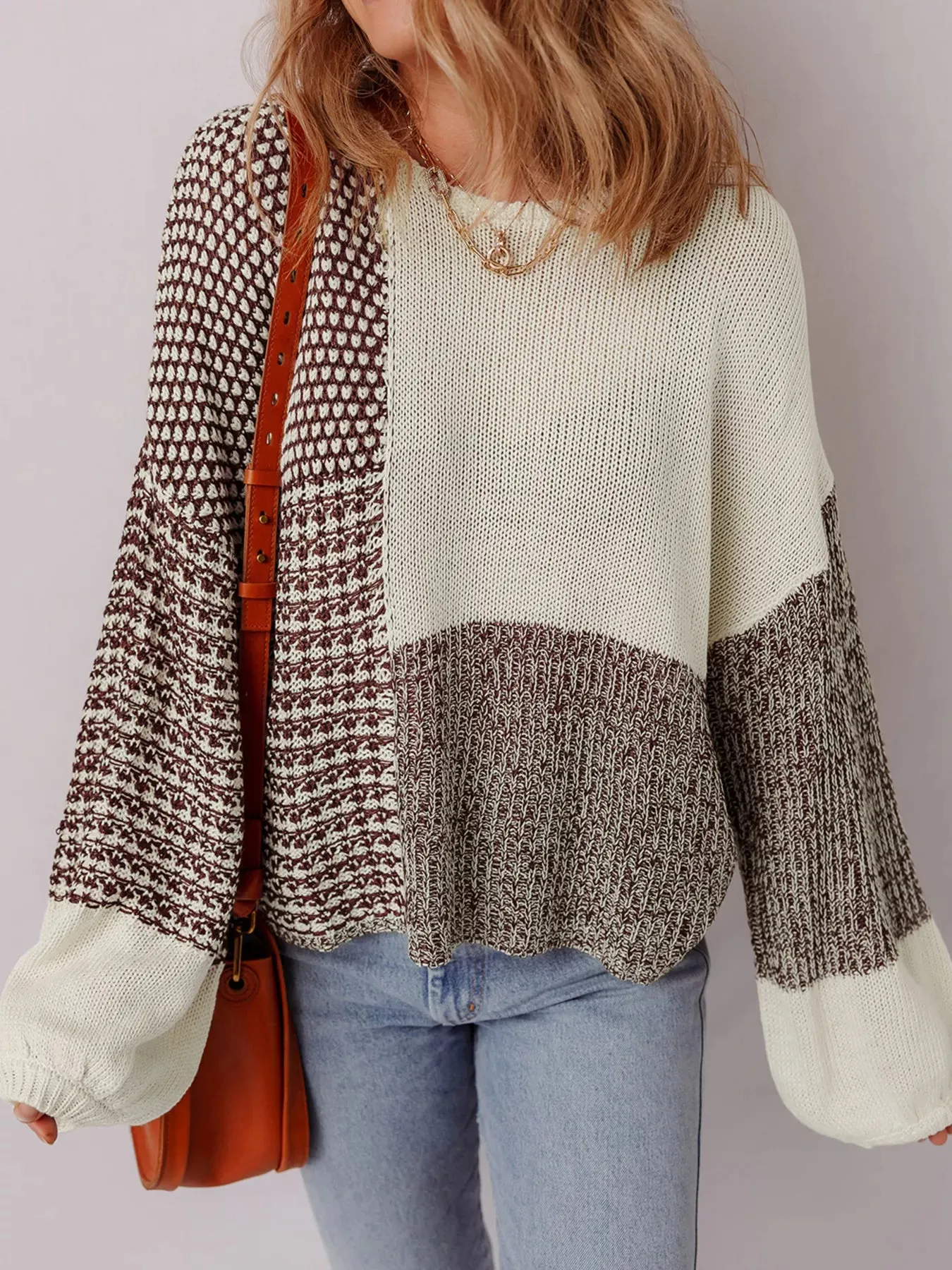 Color Block Back Tie Drop Shoulder Loose Sweater sold by Unique Kulture product image thumbnail 2