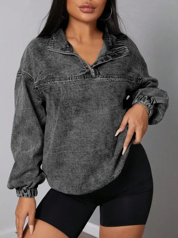 Elastic Hem Quarter Zip Denim Top sold by Unique Kulture
