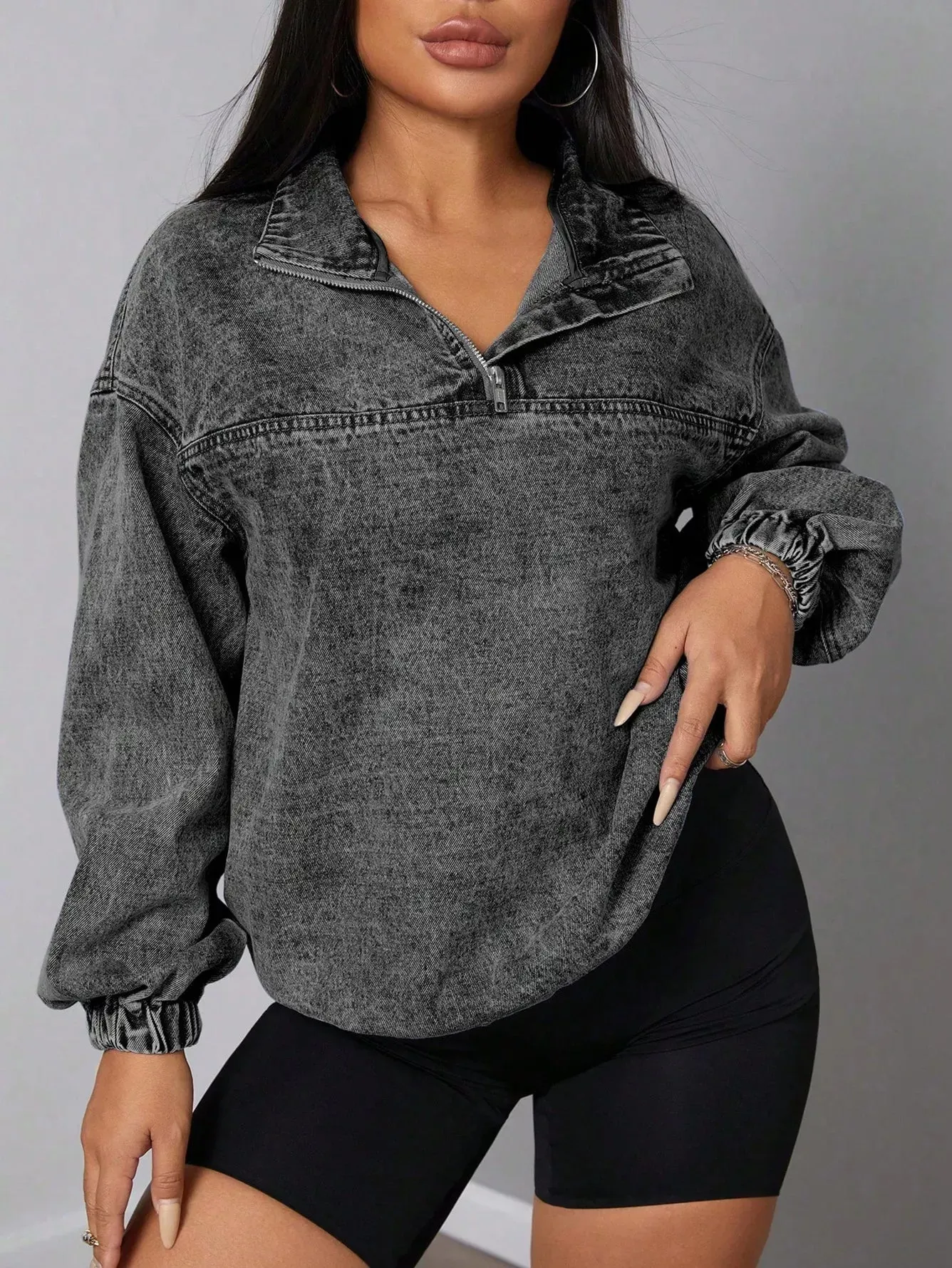 Elastic Hem Quarter Zip Denim Top sold by Unique Kulture