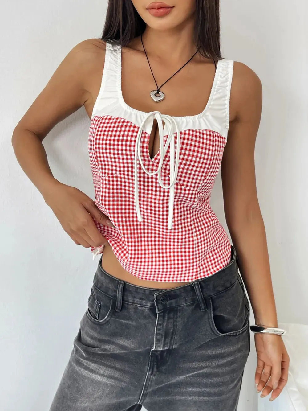 Perfee Contrast Plaid Square Neck Tank sold by Unique Kulture product image thumbnail 3