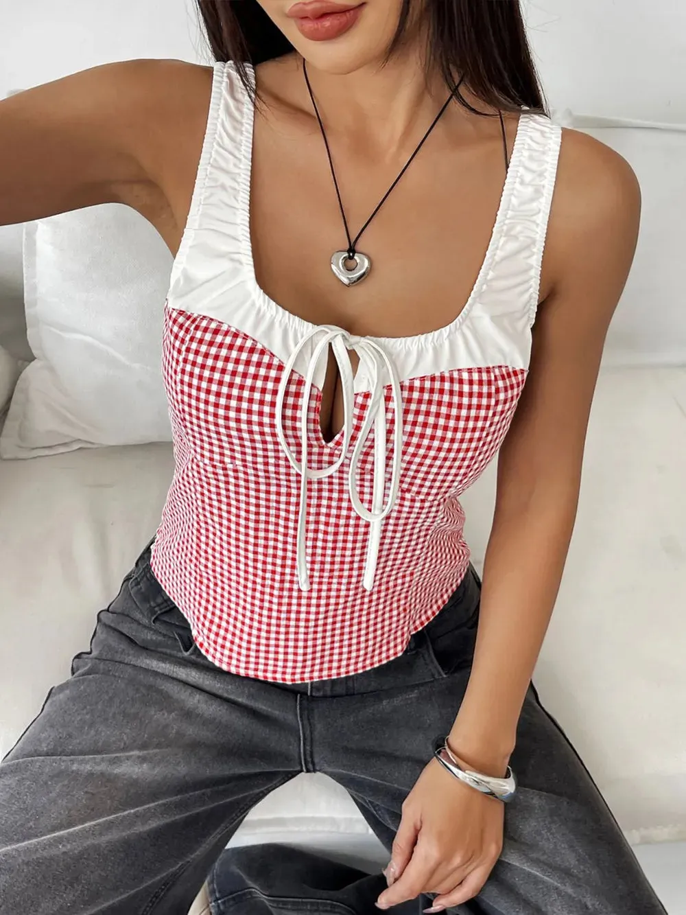 Perfee Contrast Plaid Square Neck Tank sold by Unique Kulture product image thumbnail 4
