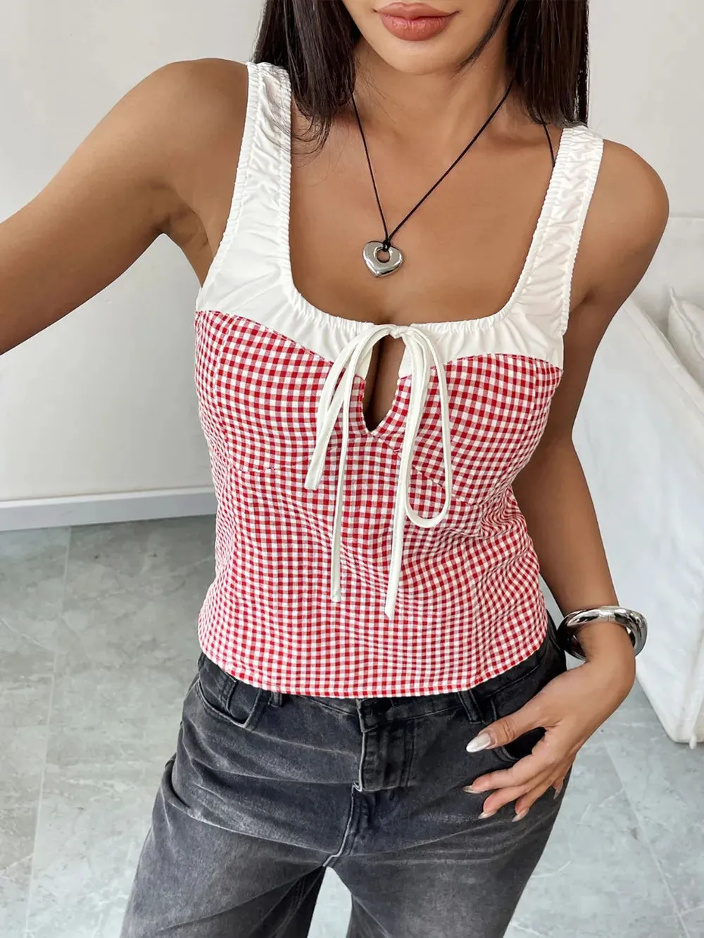 Perfee Contrast Plaid Square Neck Tank sold by Unique Kulture
