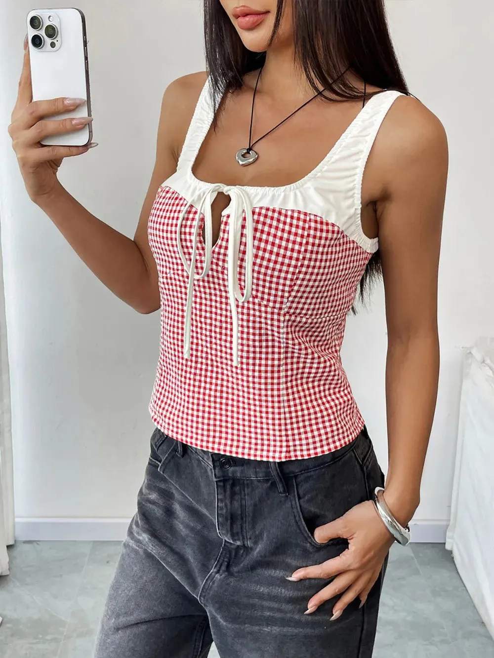 Perfee Contrast Plaid Square Neck Tank sold by Unique Kulture product image thumbnail 2